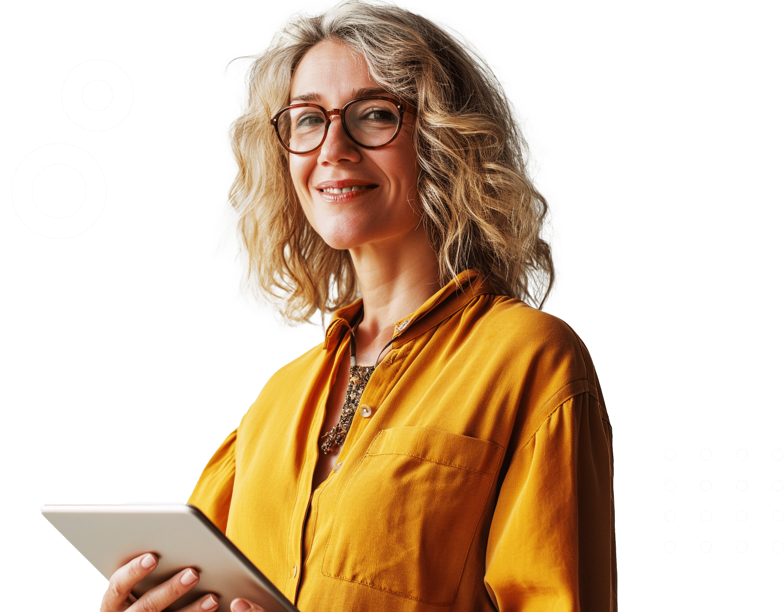 A friendly woman smiling and holding a tablet.